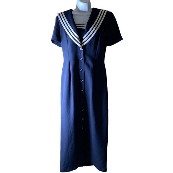 Vintage Amanda Smith Maxi Dress Size 10 Petite Navy Stripes Sailor Nautical - Picture 3 of 8